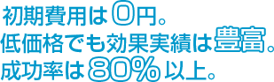 初期費用は0円。低価格でも効果実績は豊富。成功率は80％以上。